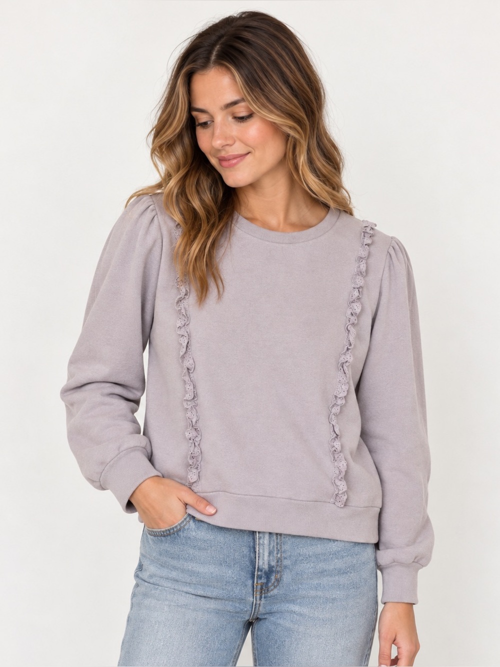 Rylee + Cru Scarlette Pullover Periwinkle Ruffle Lace Sweatshirt Women’s Large